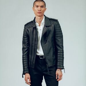 Bodaskins Black Leather Motorcycle Jacket with Quilted Sleeves